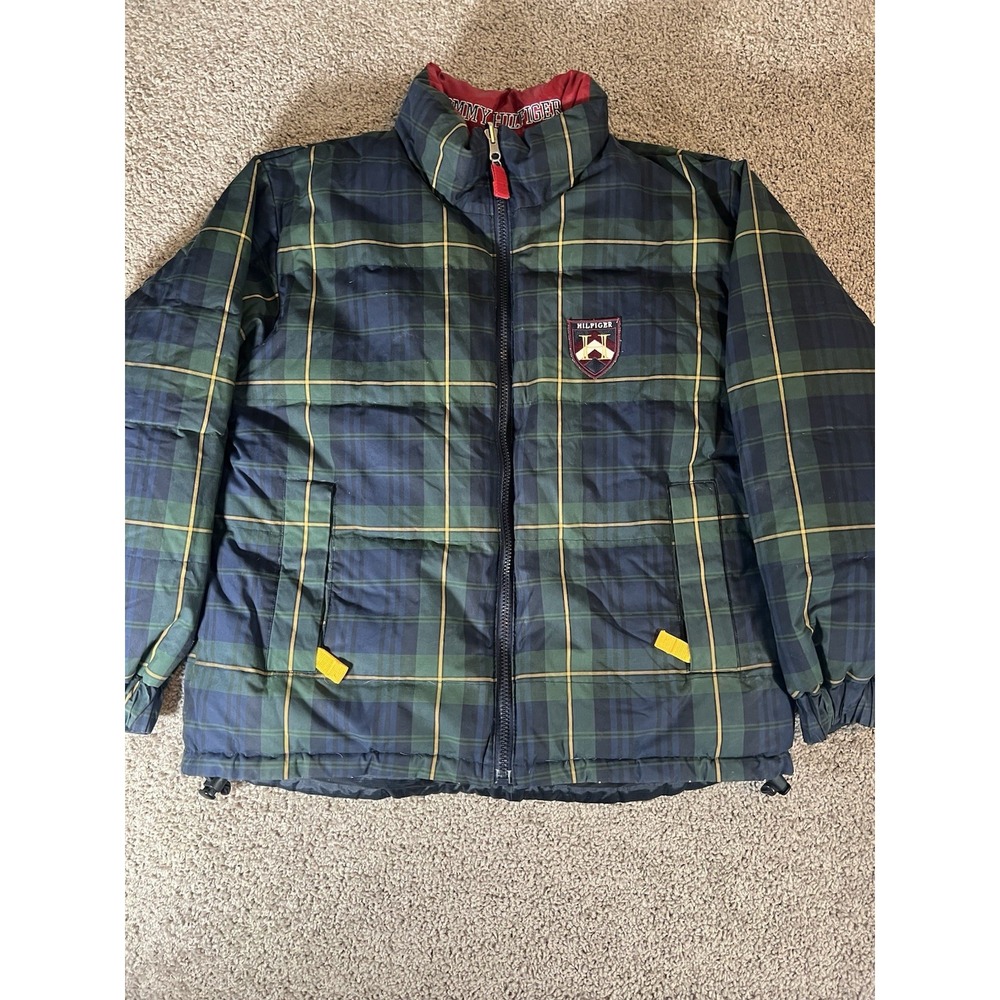 Tommy Hilfiger VTG 90s Reversible Green Plaid Blue‎ Down Puffer Jacket Mens L
